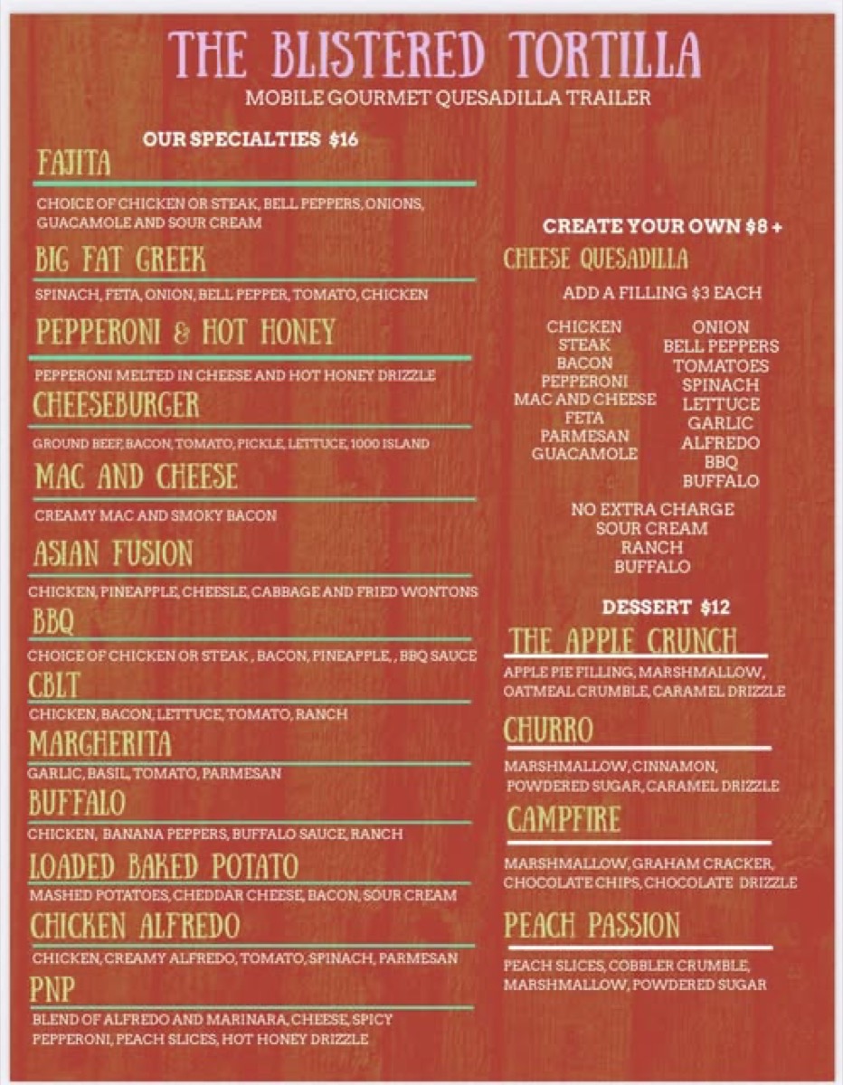 The Blistered Tortilla menu board with specialty quesadilla combos